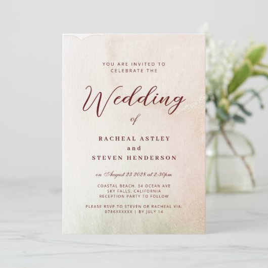 Coastal Watercolor Sepia Elegante Hochzeit Einladung (Stehend Vorderseite)
