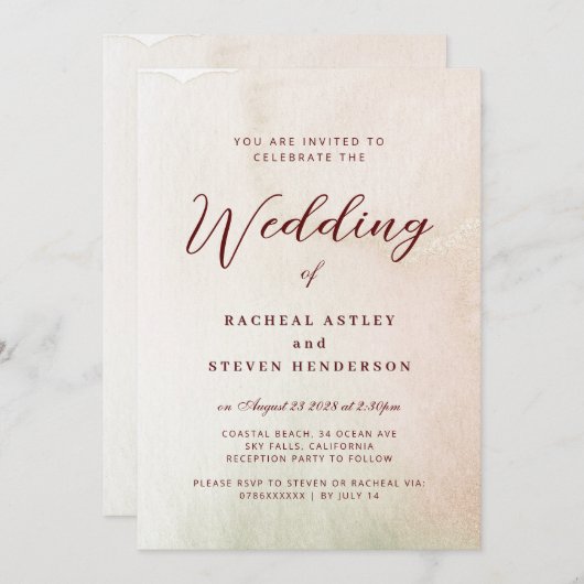Coastal Watercolor Sepia Elegante Hochzeit Einladung (Vorne/Hinten)