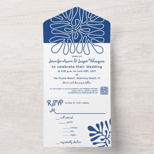 Coastal Wedding Abstrakt Artistic Blue All In One Einladung (Innen Boden)
