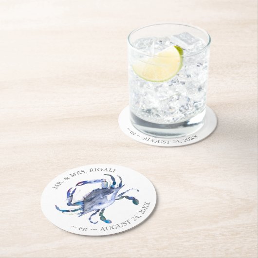 Coastal Wedding Crab Blue Round Paper Untersetzer (Vor Ort)