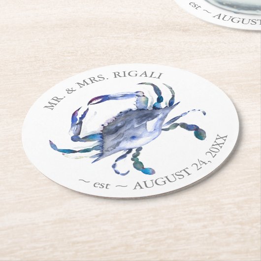 Coastal Wedding Crab Blue Round Paper Untersetzer (Angewinkelt)