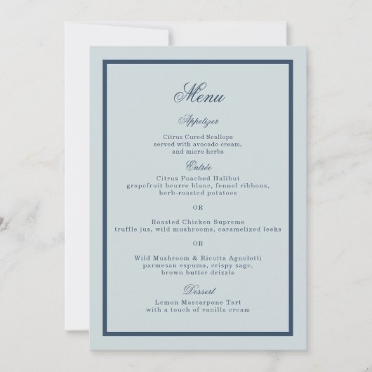Coastal Wedding Dusty Blue Classic Menu Card Einladung (Vorderseite)