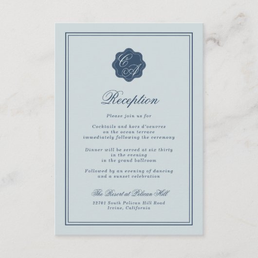 Coastal Wedding Dusty Blue Monogram Reception Begleitkarte (Vorderseite)