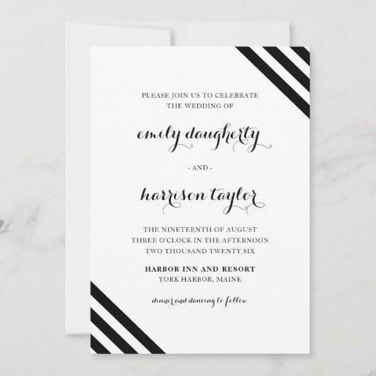 Coastal Wedding Nautical Stripes Schwarz-Weiß Einladung (Vorderseite)