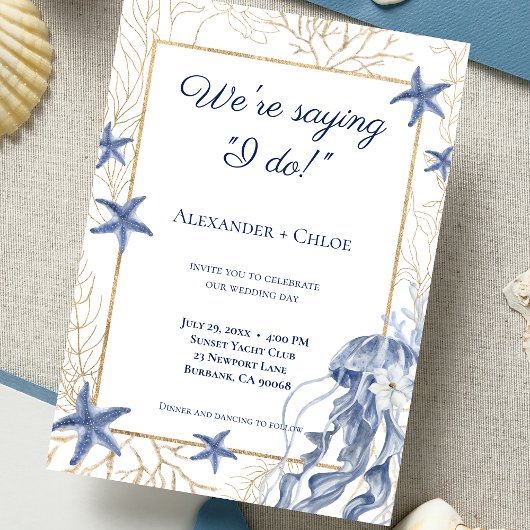 Coastal Wedding Navy Blue Gold Einladung