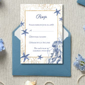 Coastal Wedding Navy Blue Gold RSVP Karte