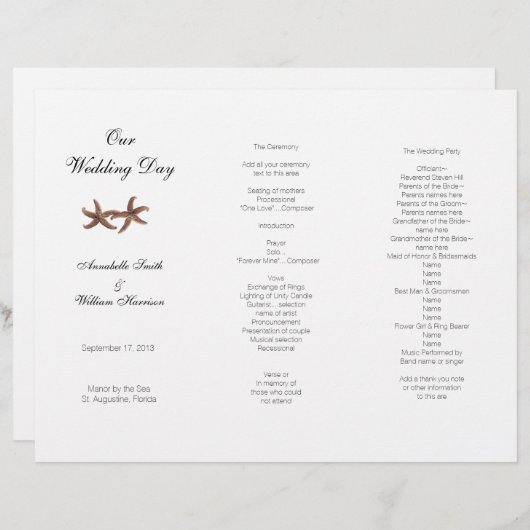 Coastal Wedding Tri-Fold Starfish Couple Programm (Vorne/Hinten)