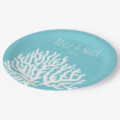 Coastal White Sea Coral Couple's Names Wedding Pappteller (Schrägansicht)