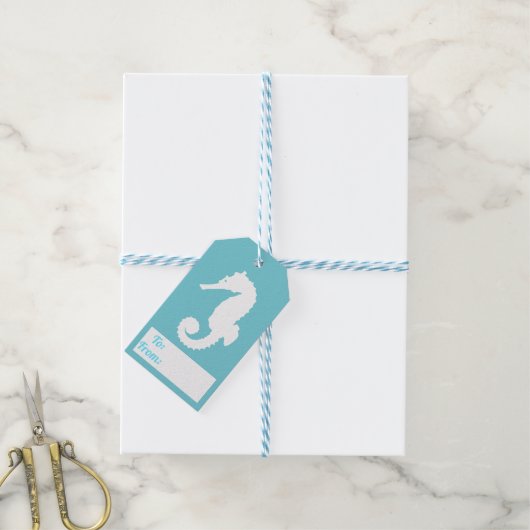 Coastal White Seepferd Silhouette & Bright Blue Geschenkanhänger (Mit Garn)