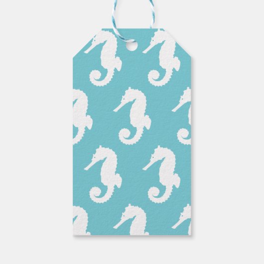 Coastal White Seepferd Silhouette & Bright Blue Geschenkanhänger (Rückseite)