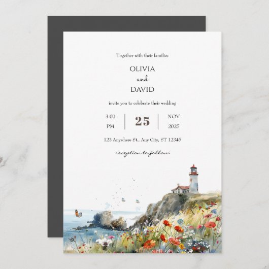 Coastal Wildblume Leuchtturm View Beach Hochzeit Einladung (Vorne/Hinten)