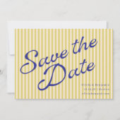 Coastal Yellow Blue Retro Stripe Wedding Script Save The Date (Vorderseite)