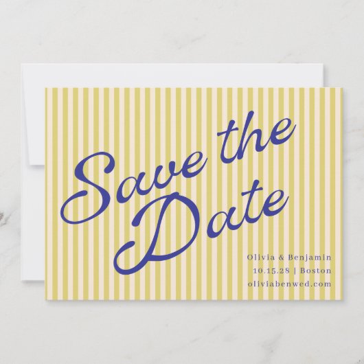 Coastal Yellow Blue Retro Stripe Wedding Script Save The Date (Vorderseite)