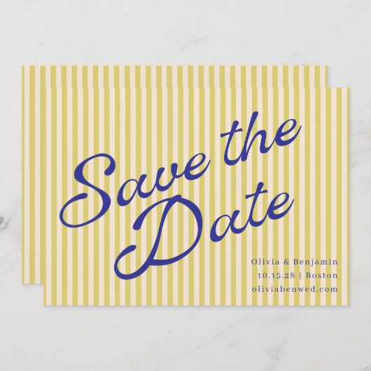 Coastal Yellow Blue Retro Stripe Wedding Script Save The Date (Vorne/Hinten)