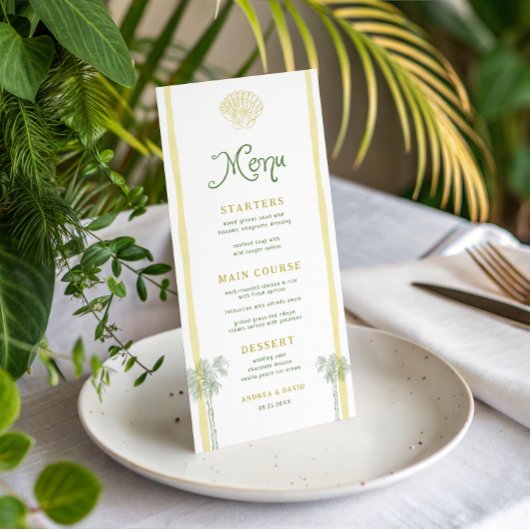 Coastal Yellow Stripes Seashell Palm Tree Wedding Menükarte
