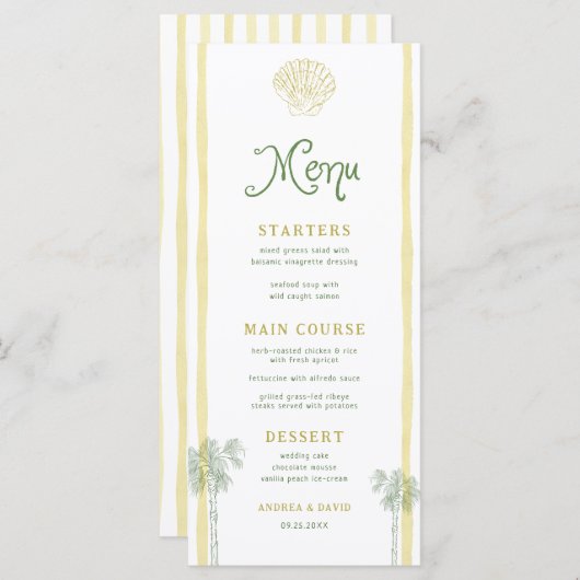 Coastal Yellow Stripes Seashell Palm Tree Wedding Menükarte (Vorne/Hinten)