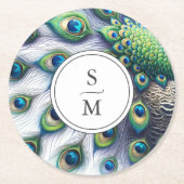 Coaster Monogrammed Peacock Feathers Runder Pappuntersetzer (Vorderseite)