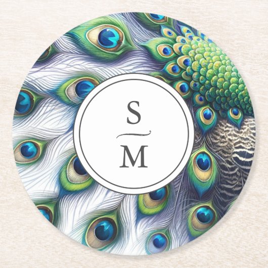 Coaster Monogrammed Peacock Feathers Runder Pappuntersetzer (Vorderseite)