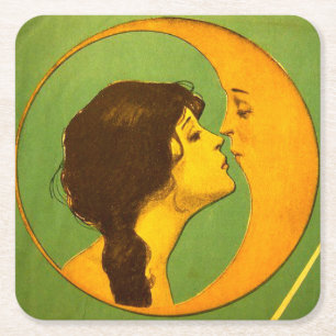 Coaster - Vintage die Lady und der Mond Rechteckiger Pappuntersetzer