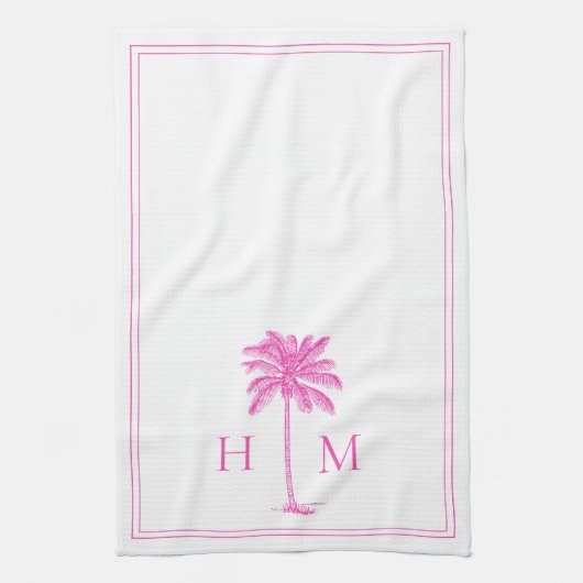 Coastrosa und weißes Palmetto Palm Monogramm Geschirrtuch (Vertikal)