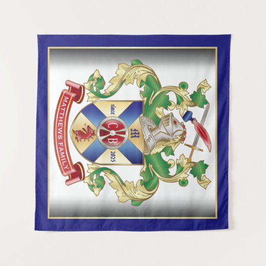 Coat of Arms Ritter Schild Dragon Monogram Blue Wandteppich (Vorderseite (Horizontal))