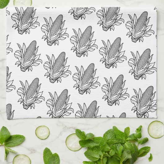 Cob-Ikone mit schwarz-weiß Mais und Blätter Geschirrtuch (Gefaltet)