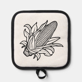 Cob-Ikone mit schwarz-weiß Mais und Blätter Topflappen