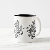 Cob-Ikone mit schwarz-weiß Mais und Blätter Zweifarbige Tasse (VorderseiteRechts)