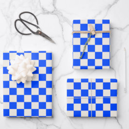 Cobalt and cream checkerboard pattern geschenkpapier set