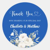Cobalt blauen Blumen Herz danke Ihnen Hochzeit Runder Aufkleber (Vorderseite)