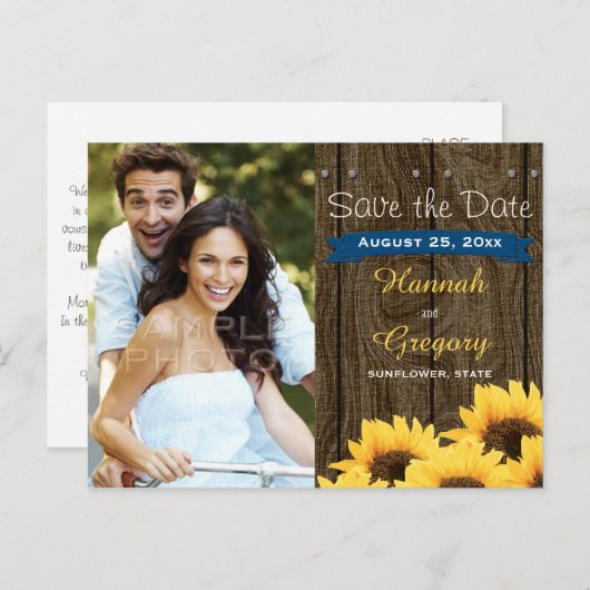 COBALT BLU RUSTIC SUNFLOWER SAVE THE DATE POSTCARD ANKÜNDIGUNGSPOSTKARTE (Vorne/Hinten)