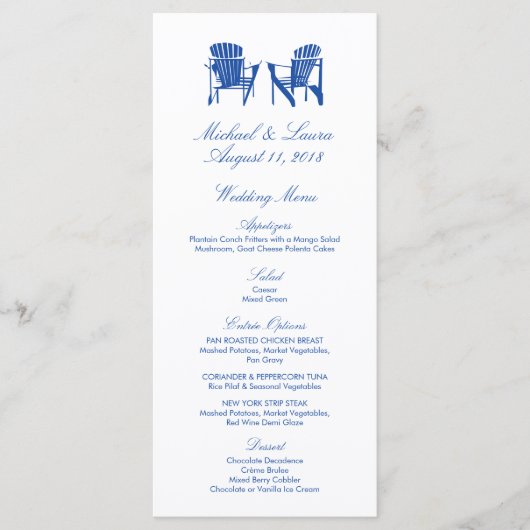 Cobalt Blue Adirondack Beach Stühle Hochzeitmenü Menükarte (Vorderseite)