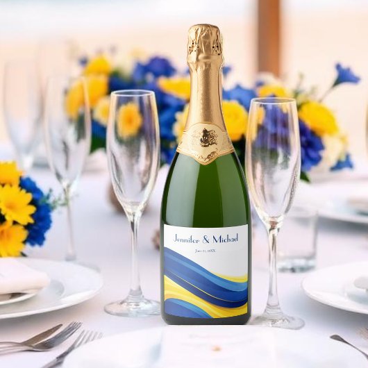 Cobalt Blue and Lemon Yellow Modern Wedding Schaumweinetikett