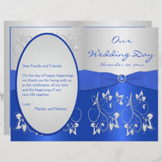 Cobalt Blue and Silver Floral Wedding Program (Vorne/Hinten)