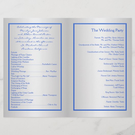 Cobalt Blue and Silver Floral Wedding Program (Rückseite)