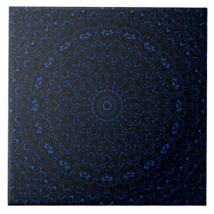 Cobalt Blue auf Black Mandala Kaleidoskop Fliese