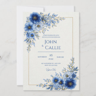 Cobalt Blue Botanical Gold Line Frame Wedding Einladung