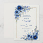 Cobalt Blue Botanical Gold Line Frame Wedding Einladung (Vorne/Hinten)