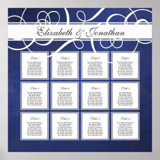 Cobalt Blue Damask Dinner Party Sitzplan Poster (Vorne)
