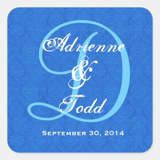 Cobalt Blue Damask Wedding Monogram D323 Quadratischer Aufkleber (Vorderseite)