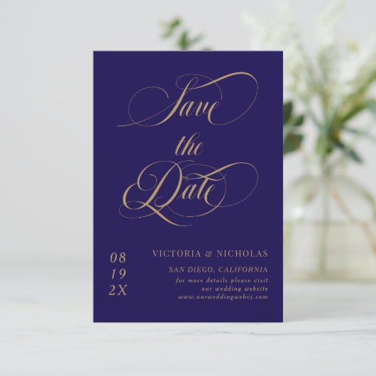 Cobalt Blue Elegant Romantic Wedding Save The Date (Stehend Vorderseite)