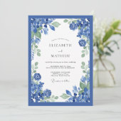 Cobalt Blue Floral Wedding Einladung (Stehend Vorderseite)