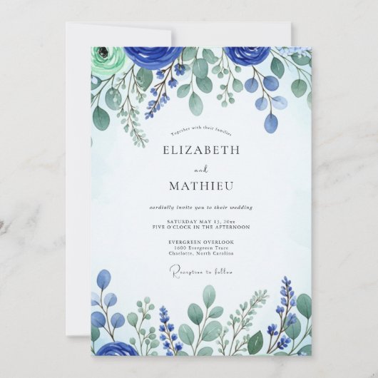 Cobalt Blue Fresh Spring Wedding Einladung (Vorderseite)