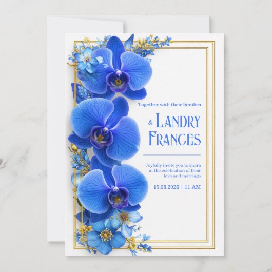 Cobalt Blue Gilded Orchid Botanical Wedding Einladung (Vorderseite)