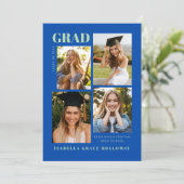 Cobalt Blue Grad Announcement With Photos Einladung (Stehend Vorderseite)