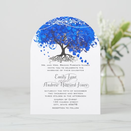 Cobalt Blue Heart Leaf Tree Wedding Einladung (Stehend Vorderseite)