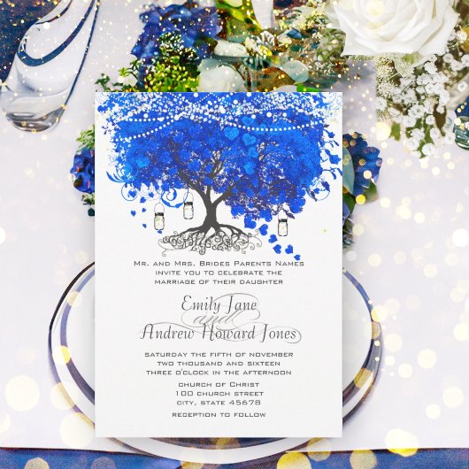 Cobalt Blue Heart Leaf Tree Wedding Einladung