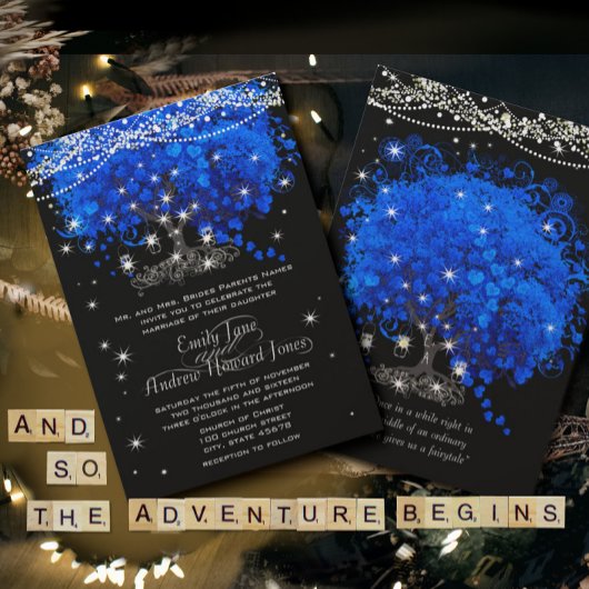 Cobalt Blue Heart Leaf Tree Wedding Einladung