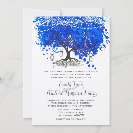 Cobalt Blue Heart Leaf Tree Wedding Einladung (Vorderseite)