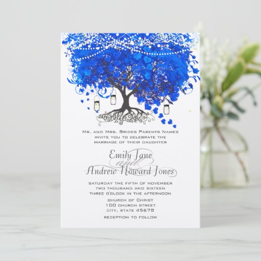 Cobalt Blue Heart Leaf Tree Wedding Einladung (Stehend Vorderseite)